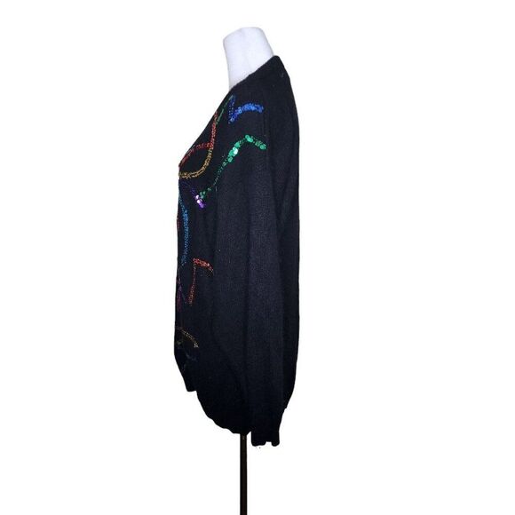 Vintage 80s Confetti Sequin Cardigan Sweater Womens Size M Black Rainbow Angora - Picture 5 of 7